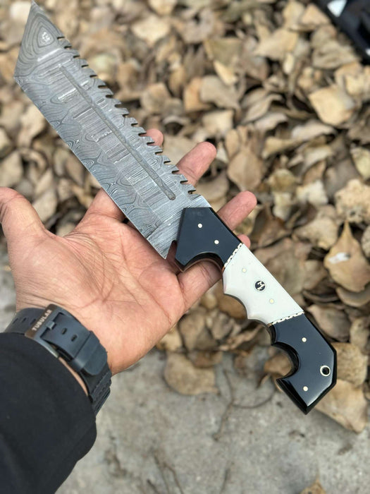 Damascus Steel Tracker Knife with Dual-Tone Bone & Black Handle | Handmade Leather Sheath