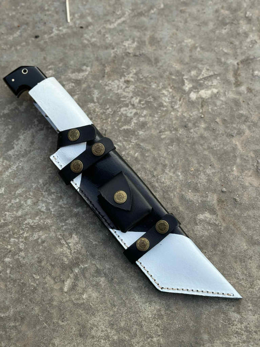 Damascus Steel Tracker Knife with Dual-Tone Bone & Black Handle | Handmade Leather Sheath