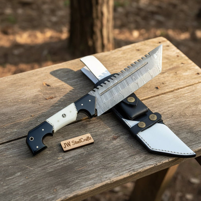 Damascus Steel Tracker Knife with Dual-Tone Bone & Black Handle | Handmade Leather Sheath