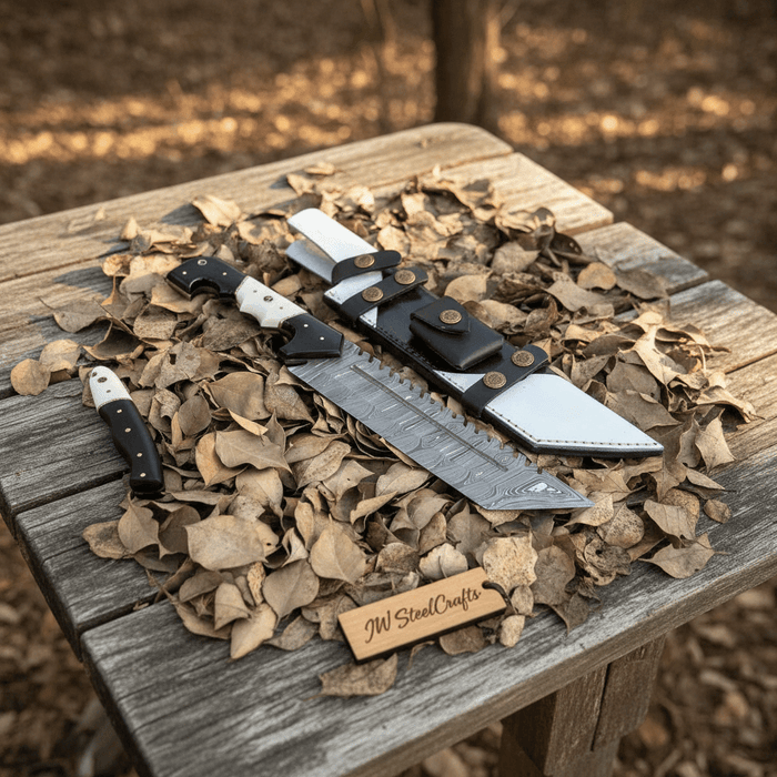 Damascus Steel Tracker Knife with Dual-Tone Bone & Black Handle | Handmade Leather Sheath