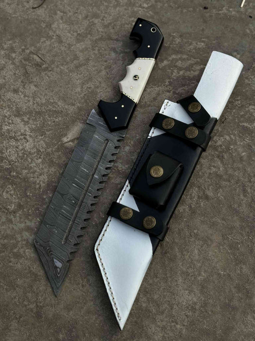 Damascus Steel Tracker Knife with Dual-Tone Bone & Black Handle | Handmade Leather Sheath