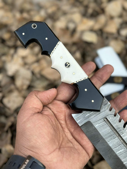 Damascus Steel Tracker Knife with Dual-Tone Bone & Black Handle | Handmade Leather Sheath