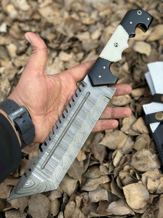 Damascus Steel Tracker Knife with Dual-Tone Bone & Black Handle | Handmade Leather Sheath