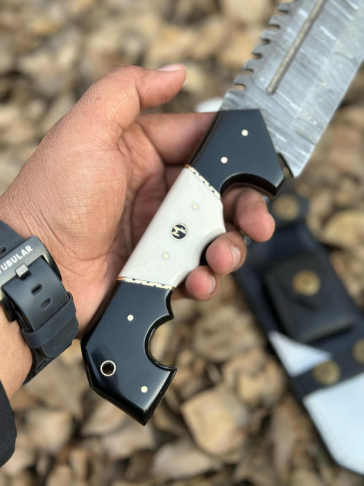 Damascus Steel Tracker Knife with Dual-Tone Bone & Black Handle | Handmade Leather Sheath