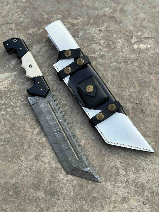 Damascus Steel Tracker Knife with Dual-Tone Bone & Black Handle | Handmade Leather Sheath