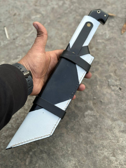 Damascus Steel Tracker Knife with Dual-Tone Bone & Black Handle | Handmade Leather Sheath