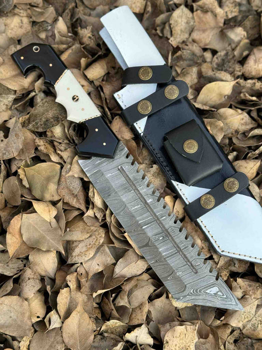 Damascus Steel Tracker Knife with Dual-Tone Bone & Black Handle | Handmade Leather Sheath