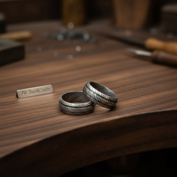 Damascus Steel Wedding Band Set for Couples Twisted Damascus Rings