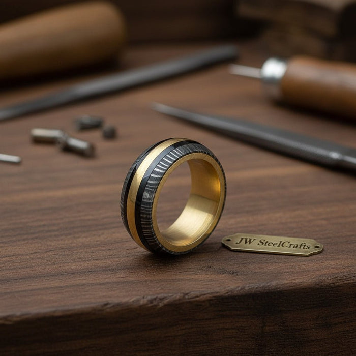 Damascus Steel Wedding Ring Twisted Pattern with Brass Inlay Band