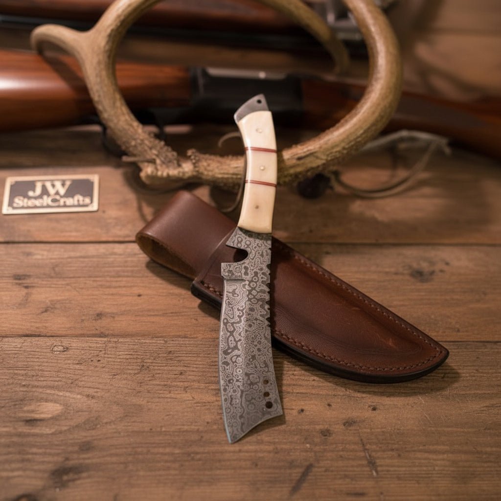 Damascus Tanto Trailing Point Hunting Knife Bone Handle 12 Inch Handma ...