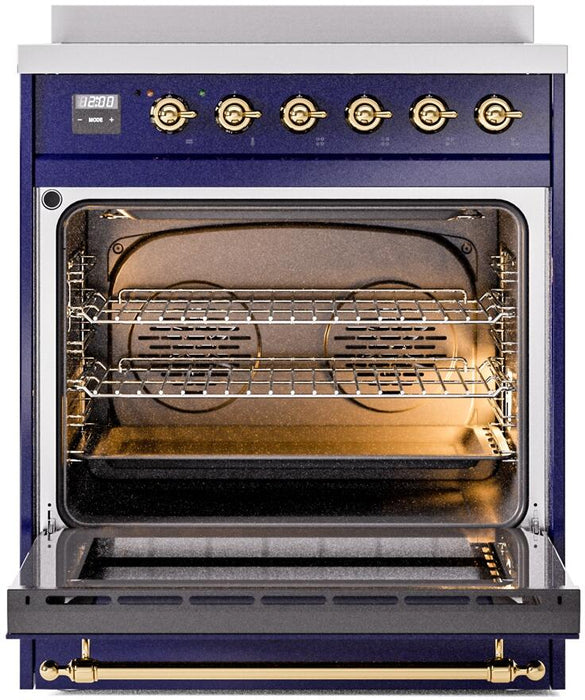 ILVE Nostalgie II 30" Electric Range, Blue, Brass Trim UPI304NMPMBG