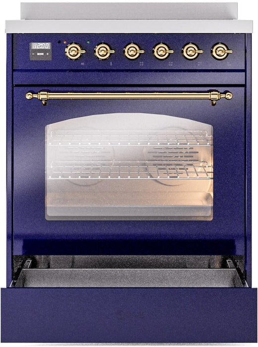 ILVE Nostalgie II 30" Electric Range, Blue, Brass Trim UPI304NMPMBG