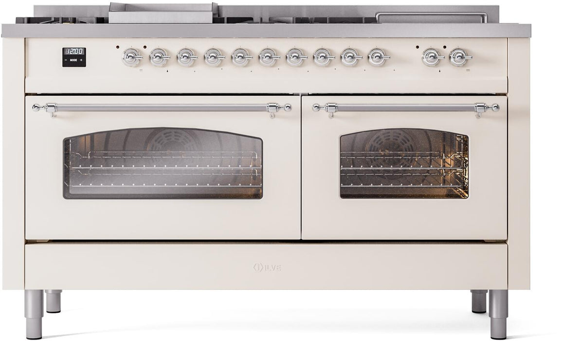 ILVE Nostalgie II 60" Dual Fuel Liquid Propane Range, Antique White, Chrome Trim UP60FSNMPAWCLP