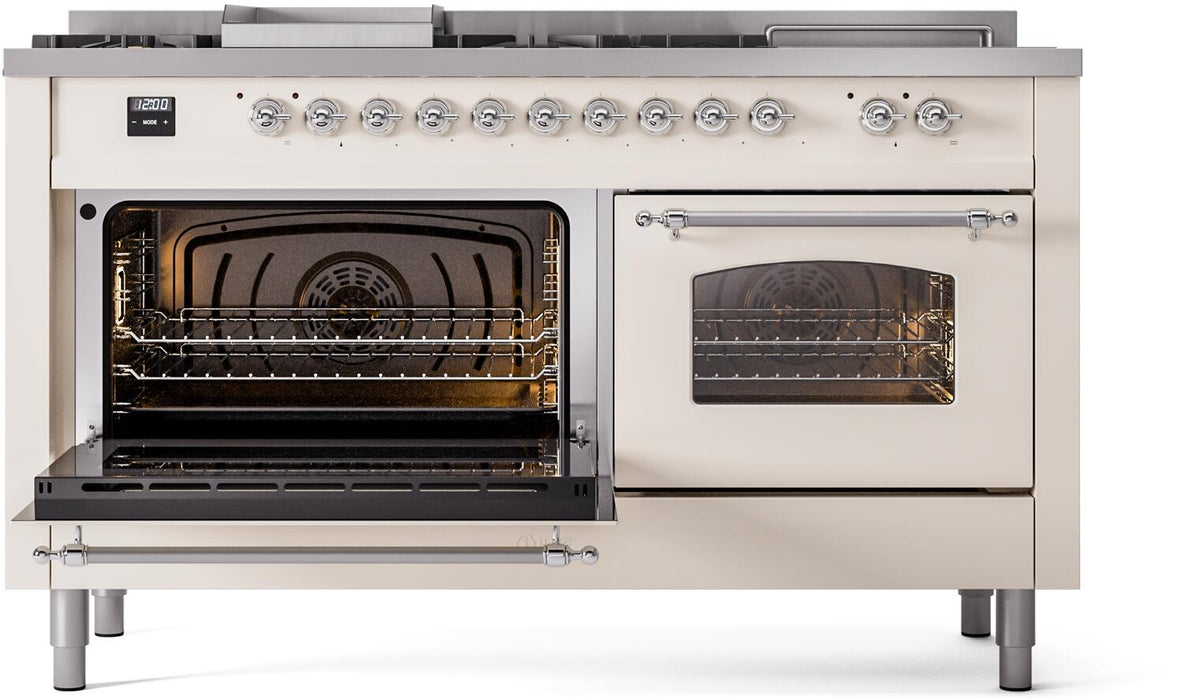 ILVE Nostalgie II 60" Dual Fuel Liquid Propane Range, Antique White, Chrome Trim UP60FSNMPAWCLP