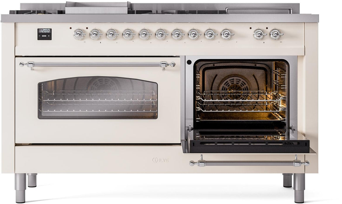 ILVE Nostalgie II 60" Dual Fuel Liquid Propane Range, Antique White, Chrome Trim UP60FSNMPAWCLP