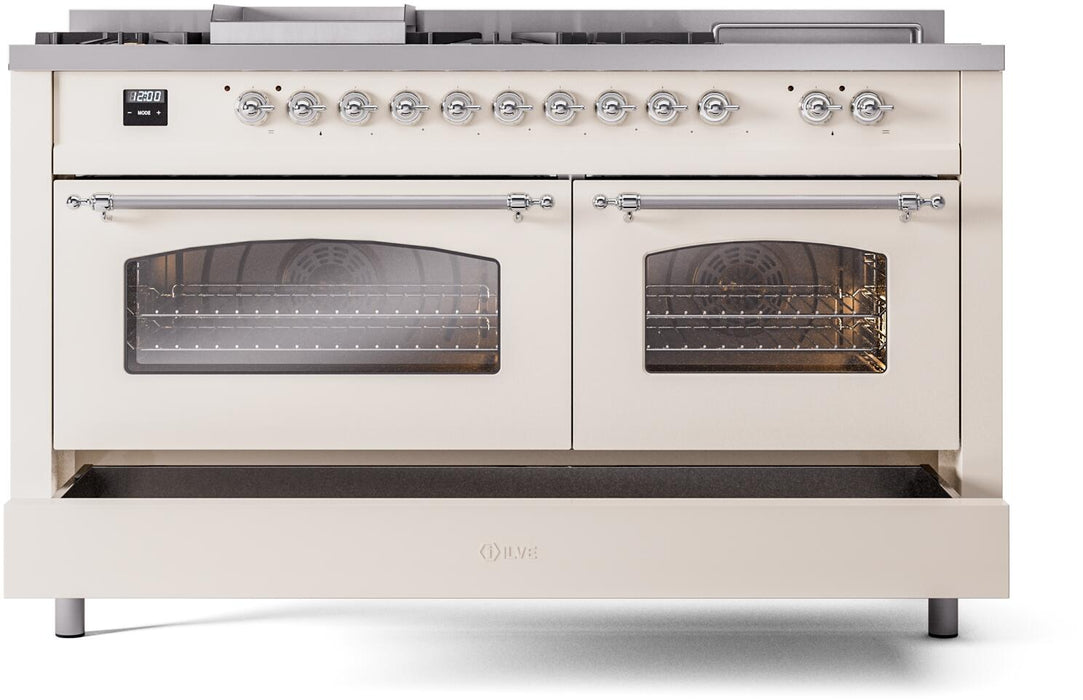 ILVE Nostalgie II 60" Dual Fuel Liquid Propane Range, Antique White, Chrome Trim UP60FSNMPAWCLP