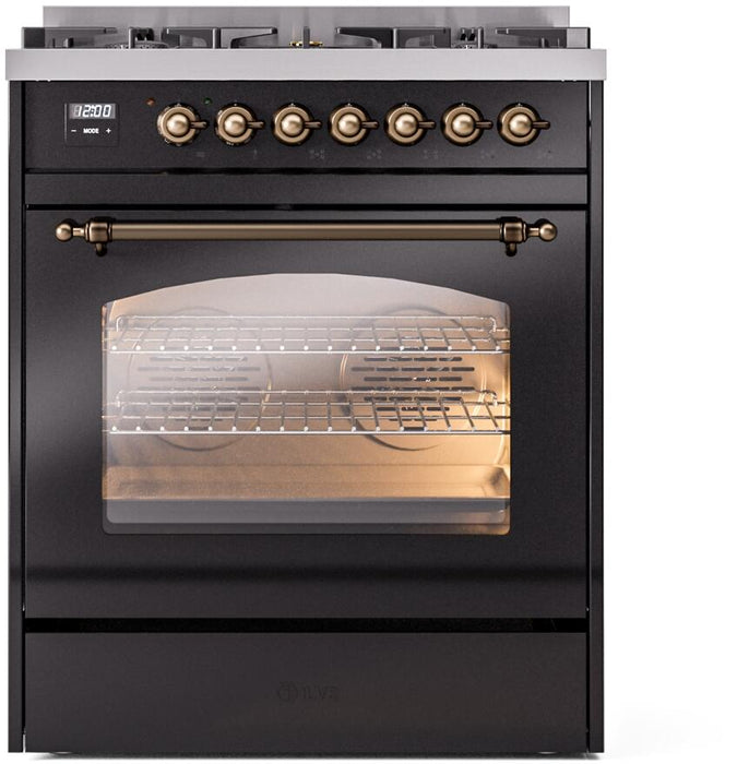 ILVE Nostalgie II 30" Dual Fuel Liquid Propane Range, Glossy Black, Bronze Trim UP30NMPBKBLP