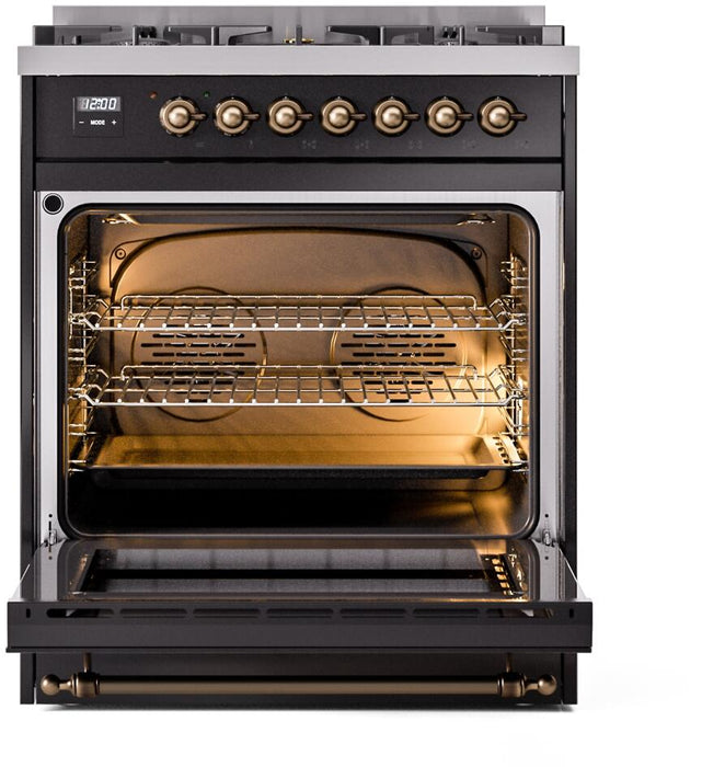ILVE Nostalgie II 30" Dual Fuel Liquid Propane Range, Glossy Black, Bronze Trim UP30NMPBKBLP