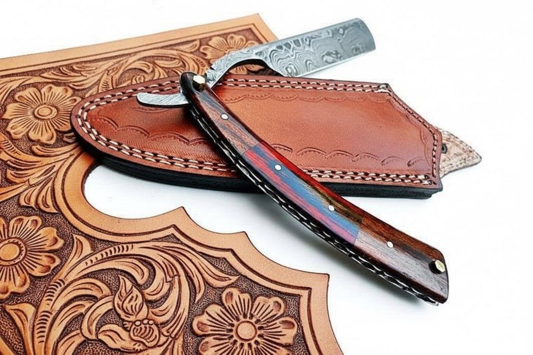 Damascus Steel Straight Barber Razor with Multicolor Wood Handle
