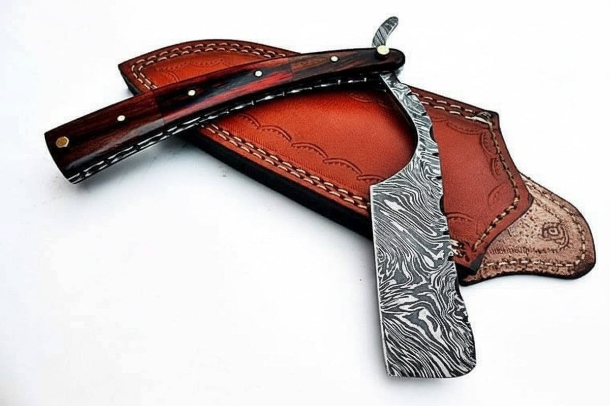 Damascus Steel Straight Barber Razor with Multicolor Wood Handle ...