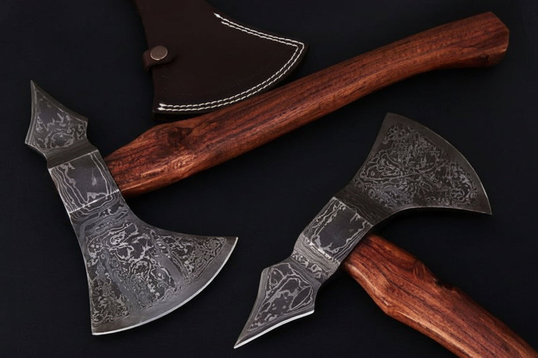 Double-Bit Damascus Axe Head with Rear Spike Variant