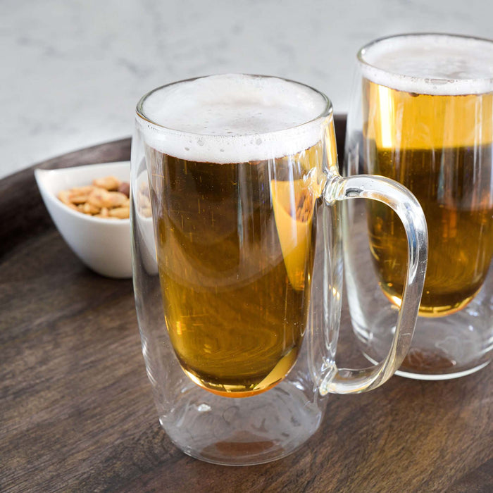 Double Walled Beer Drink Glass Mug with Handle - Set of 4