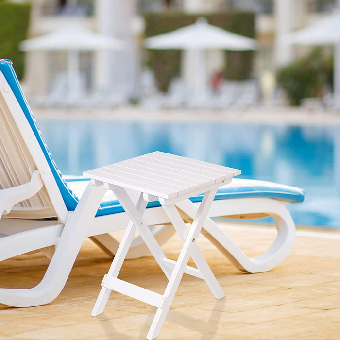 Outdoor Wooden Folding Square Side Table, Portable Lounge End Table, White