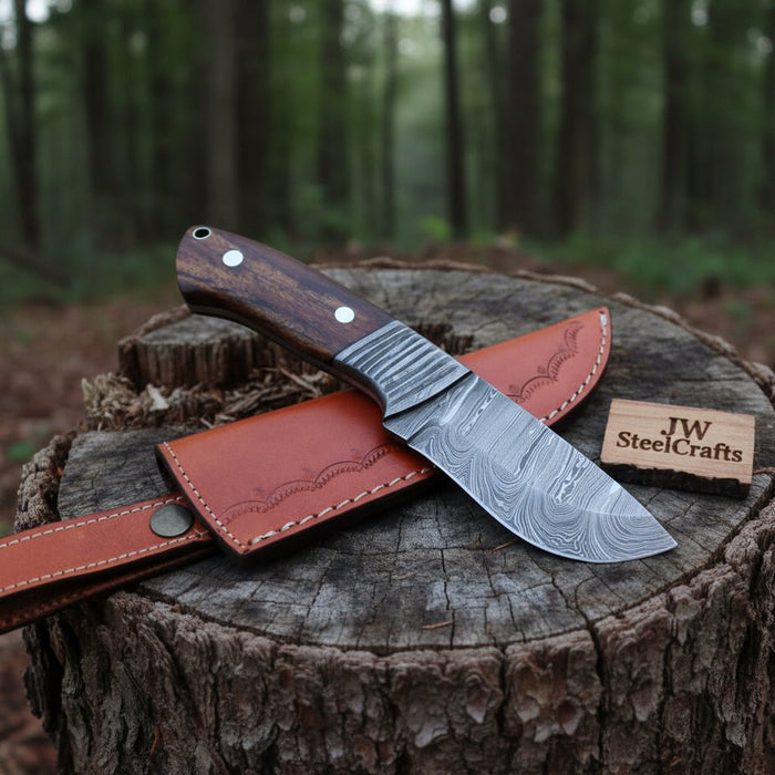 Drop Point Skinner Knife Damascus Steel Blade Rosewood Handle 4 Inch Fixed Blade Hunting Knife