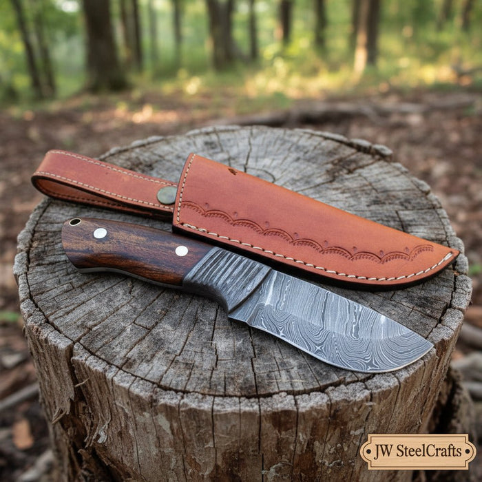 Drop Point Skinner Knife Damascus Steel Blade Rosewood Handle 4 Inch Fixed Blade Hunting Knife
