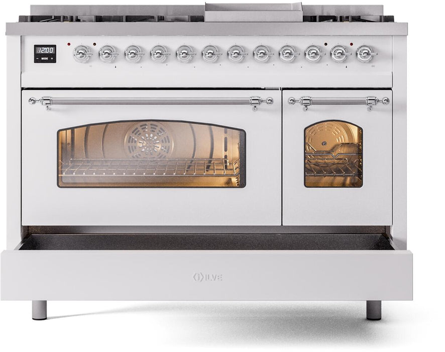 ILVE Nostalgie II 48" Dual Fuel Liquid Propane Range, White, Chrome Trim UP48FNMPWHCLP