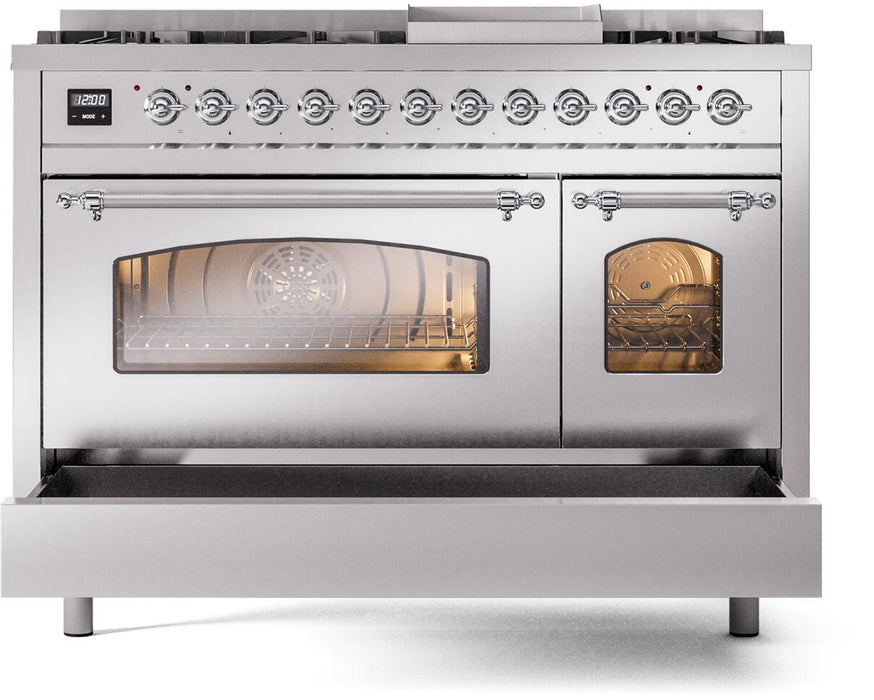 ILVE Nostalgie II 48" Dual Fuel Liquid Propane Range, Stainless Steel, Chrome Trim UP48FNMPSSCLP