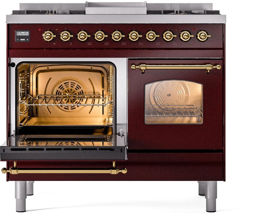 ILVE Nostalgie II 40" Dual Fuel Liquid Propane Range, Burgundy, Brass Trim UPD40FNMPBUGLP
