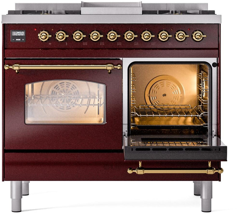ILVE Nostalgie II 40" Dual Fuel Liquid Propane Range, Burgundy, Brass Trim UPD40FNMPBUGLP