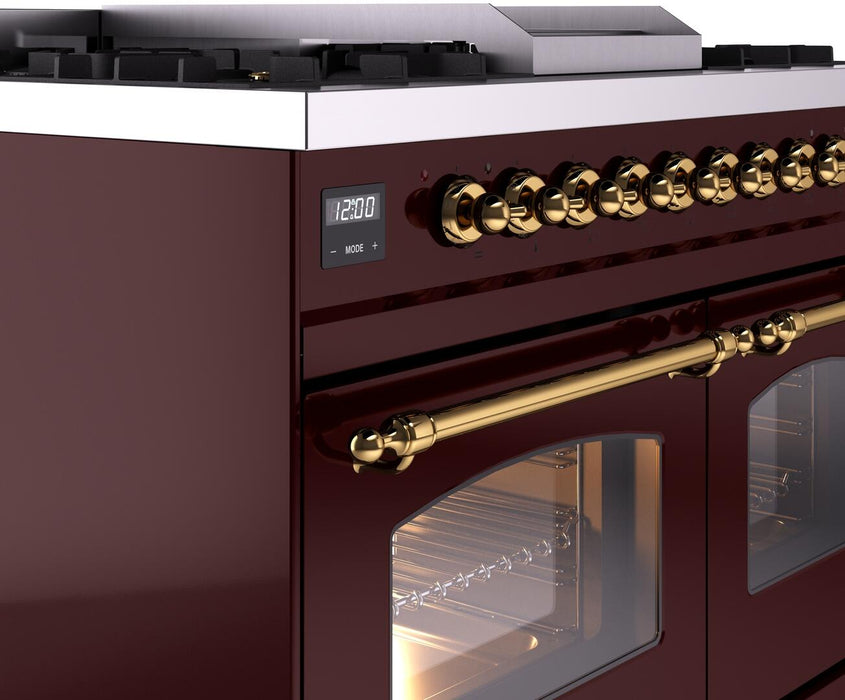 ILVE Nostalgie II 40" Dual Fuel Liquid Propane Range, Burgundy, Brass Trim UPD40FNMPBUGLP