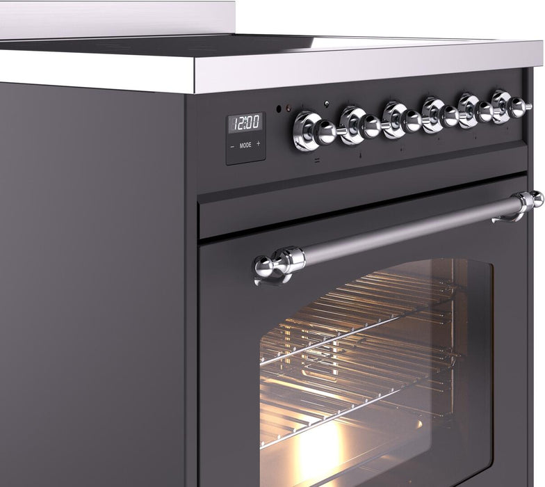 ILVE Nostalgie II 30" Electric Range, Matte Graphite, Chrome Trim UPI304NMPMGC