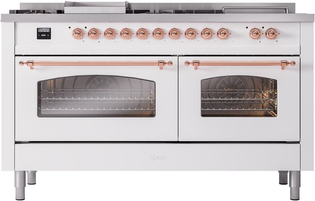 ILVE Nostalgie II 60" Dual Fuel Natural Gas Range, White, Copper Trim UP60FSNMPWHP