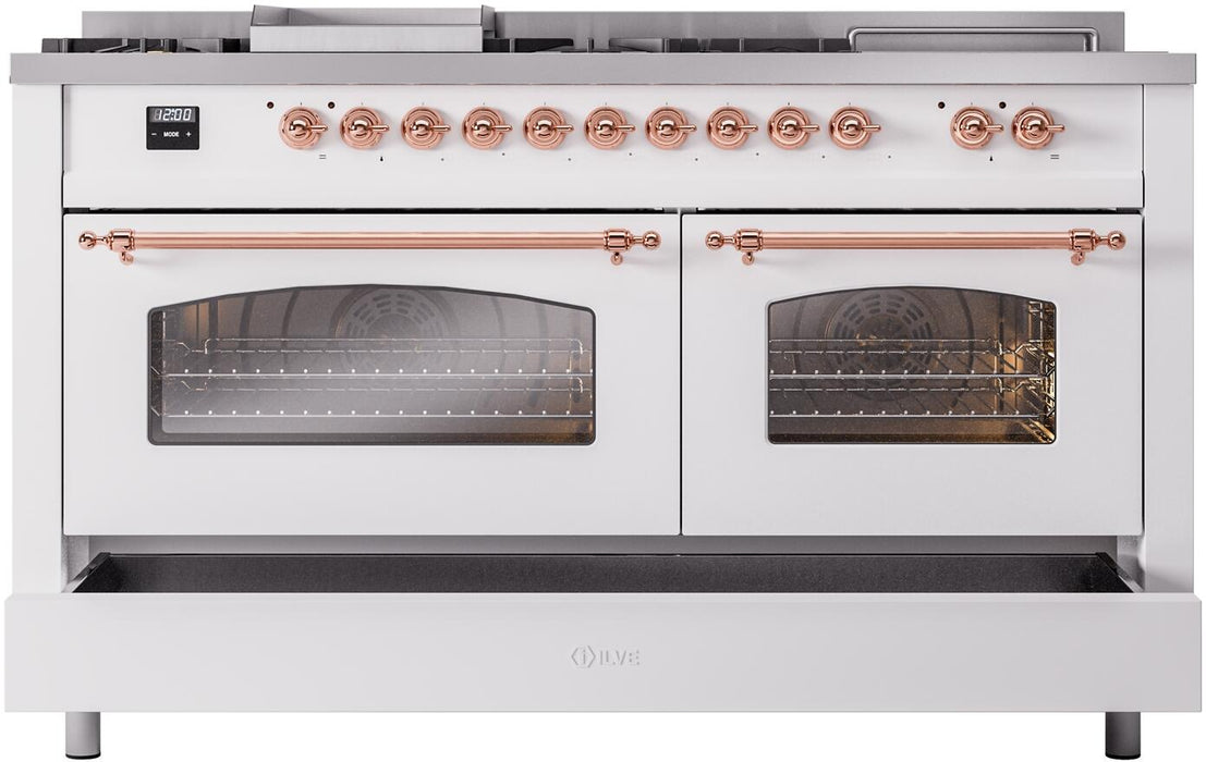 ILVE Nostalgie II 60" Dual Fuel Natural Gas Range, White, Copper Trim UP60FSNMPWHP