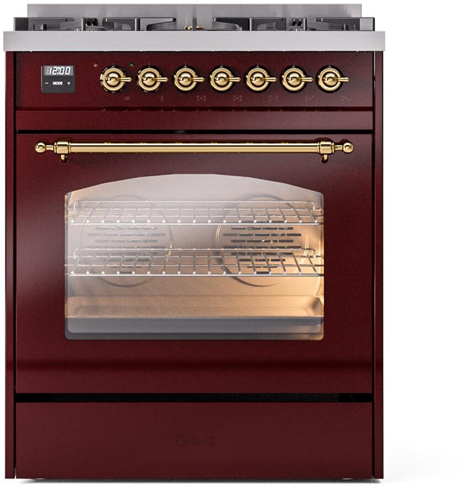 ILVE Nostalgie II 30" Dual Fuel Liquid Propane Range, Burgundy, Brass Trim UP30NMPBUGLP