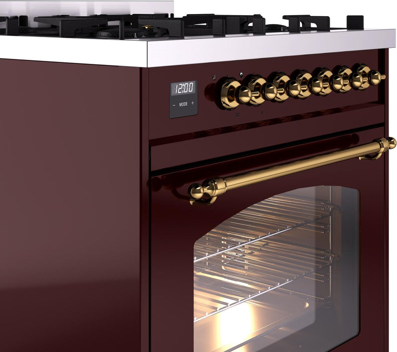 ILVE Nostalgie II 30" Dual Fuel Liquid Propane Range, Burgundy, Brass Trim UP30NMPBUGLP