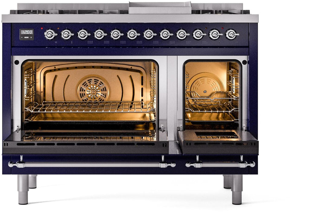 ILVE Nostalgie II 48" Dual Fuel Liquid Propane Range, Blue, Chrome Trim UP48FNMPMBCLP