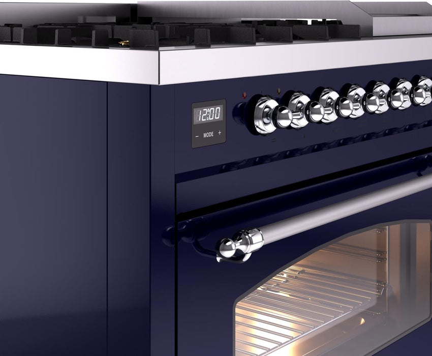 ILVE Nostalgie II 48" Dual Fuel Liquid Propane Range, Blue, Chrome Trim UP48FNMPMBCLP