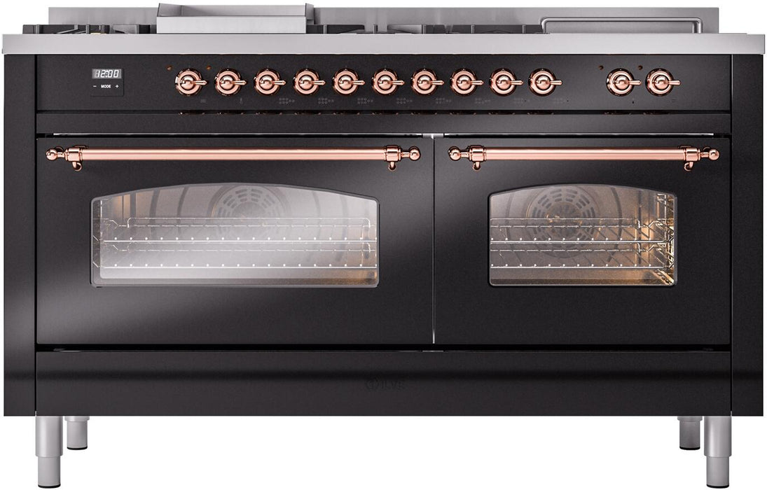 ILVE Nostalgie II 60" Dual Fuel Natural Gas Range, Glossy Black, CopperTrim UP60FSNMPBKP
