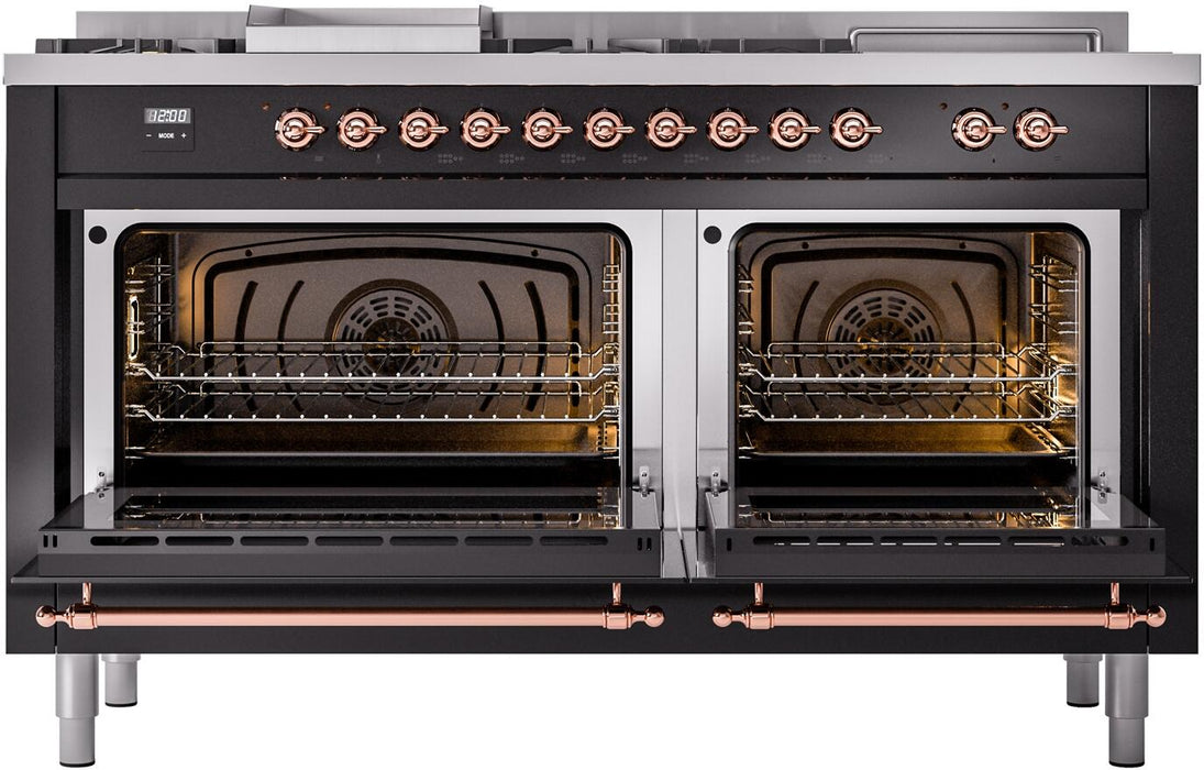 ILVE Nostalgie II 60" Dual Fuel Natural Gas Range, Glossy Black, CopperTrim UP60FSNMPBKP
