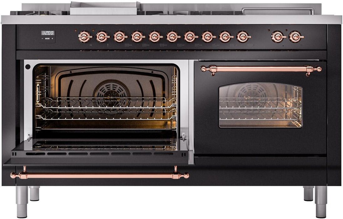 ILVE Nostalgie II 60" Dual Fuel Natural Gas Range, Glossy Black, CopperTrim UP60FSNMPBKP