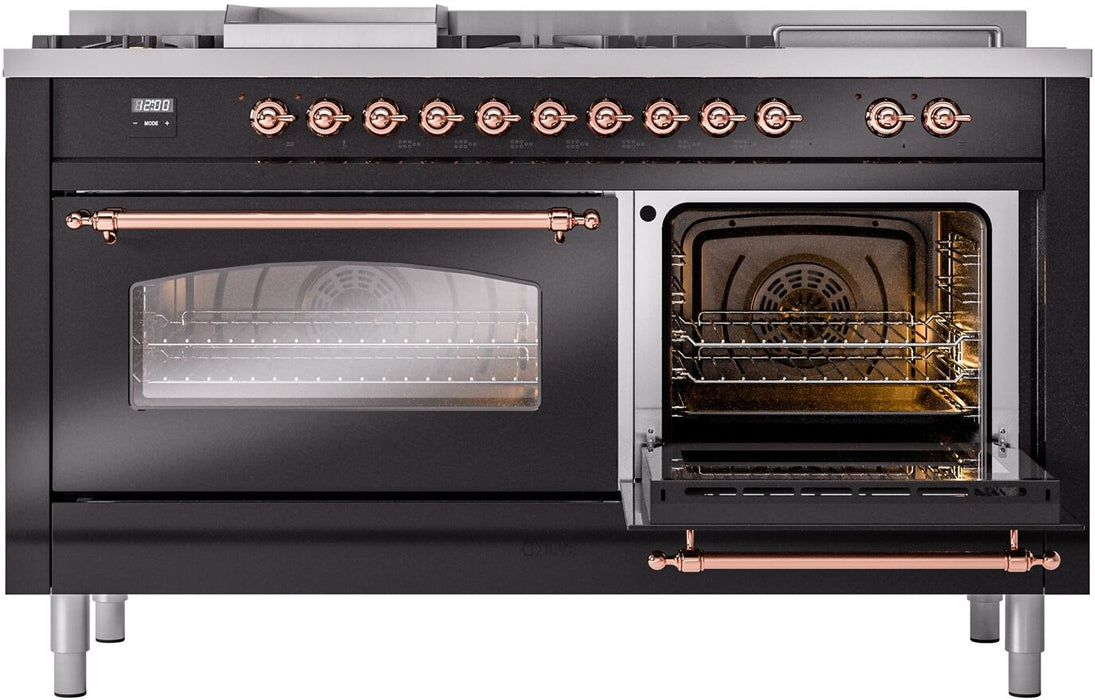 ILVE Nostalgie II 60" Dual Fuel Natural Gas Range, Glossy Black, CopperTrim UP60FSNMPBKP