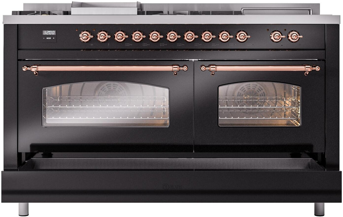 ILVE Nostalgie II 60" Dual Fuel Natural Gas Range, Glossy Black, CopperTrim UP60FSNMPBKP