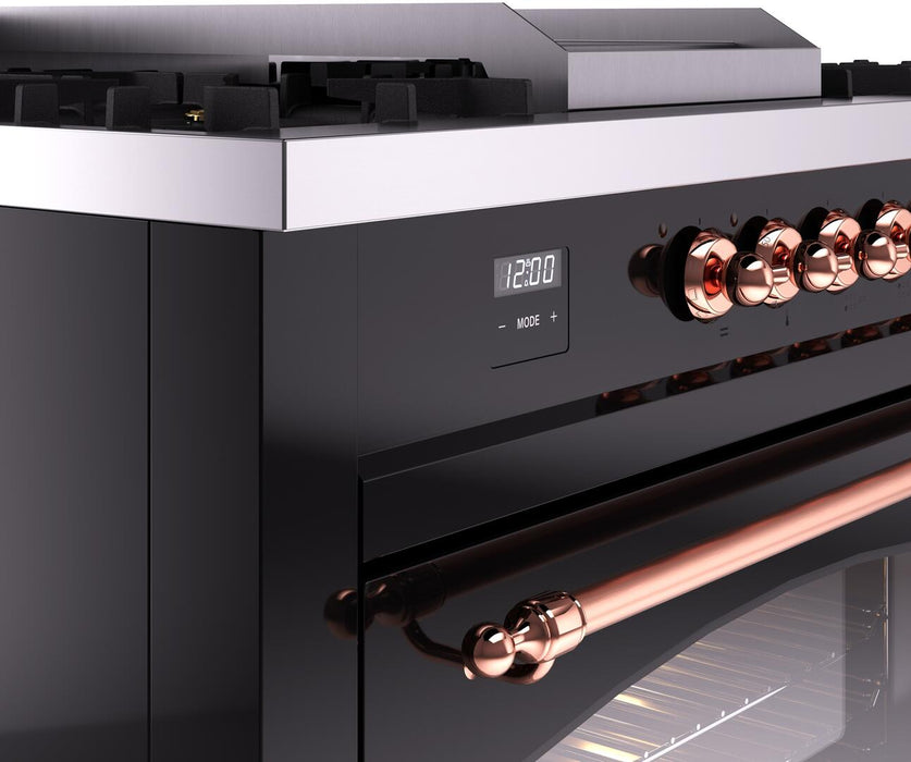 ILVE Nostalgie II 60" Dual Fuel Natural Gas Range, Glossy Black, CopperTrim UP60FSNMPBKP