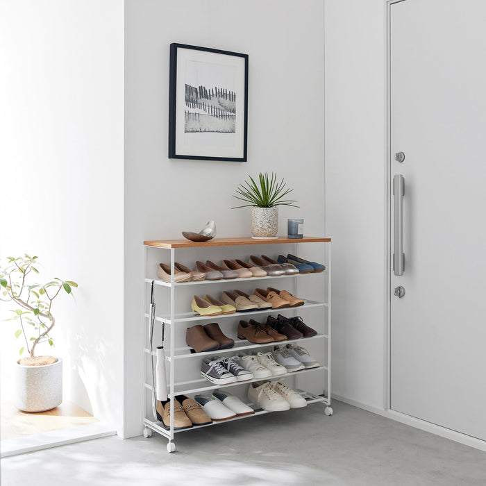 Rolling Five-Tier Shoe Rack (34.25" H)  - Steel + Wood