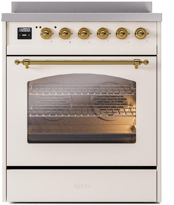 ILVE Nostalgie II 30" Electric Range, Antique White, Brass Trim UPI304NMPAWG