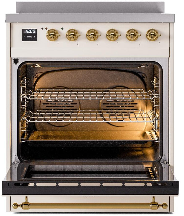 ILVE Nostalgie II 30" Electric Range, Antique White, Brass Trim UPI304NMPAWG